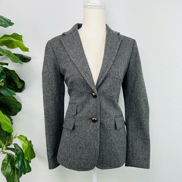 J. Crew Jackets & Blazers - J Crew Hackings Jacket Wool Herringbone Lined Woven Leather Button Blazer Size 6